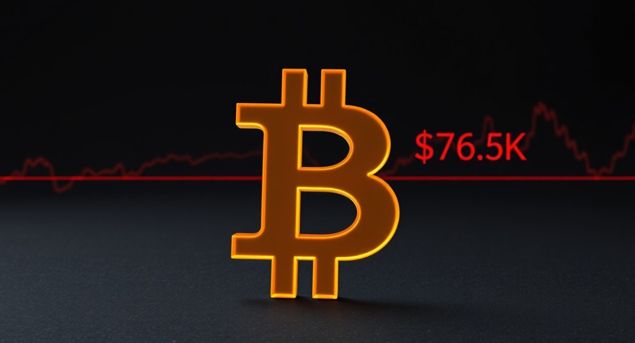 Bitcoin symbol at the key $76,800 realized price resistance level on a financial chart.