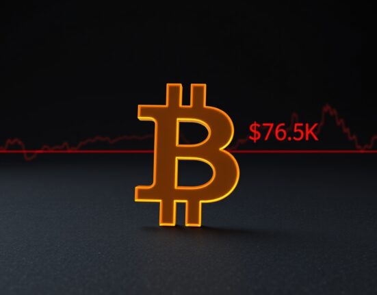 Bitcoin symbol at the key $76,800 realized price resistance level on a financial chart.