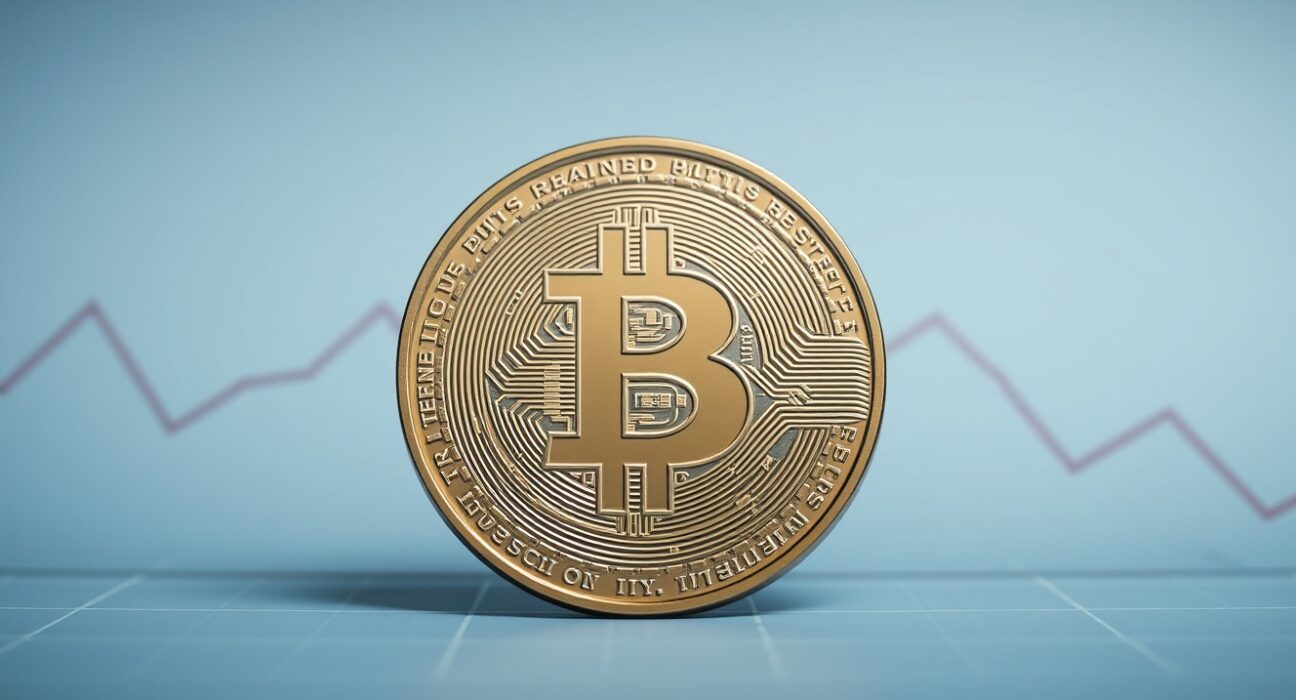 Bitcoin coin centered on a financial chart showing declining realized profits in a professional news style