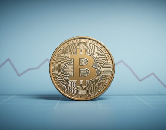 Bitcoin coin centered on a financial chart showing declining realized profits in a professional news style