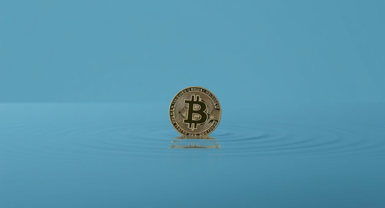 Bitcoin coin resting on calm water, representing low market volatility