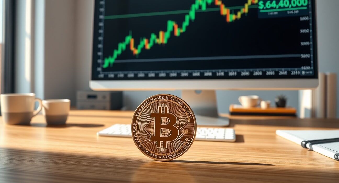 Bitcoin coin on desk with trading chart showing price recovery to $64,000