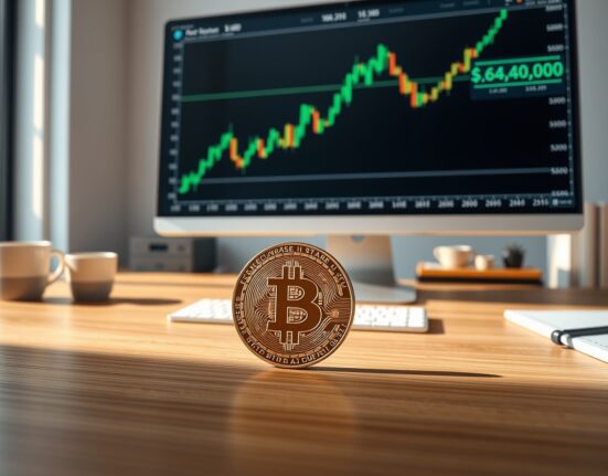 Bitcoin coin on desk with trading chart showing price recovery to $64,000