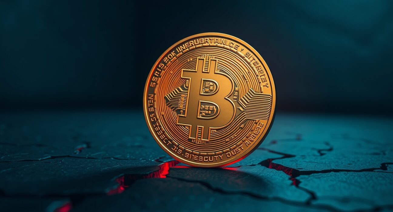 Bitcoin coin on cracked surface with red glow symbolizing bear market recovery