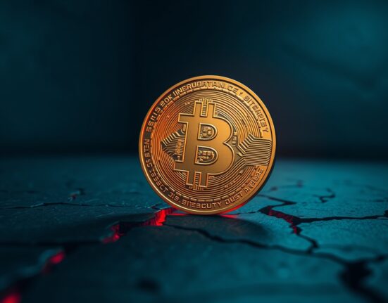 Bitcoin coin on cracked surface with red glow symbolizing bear market recovery