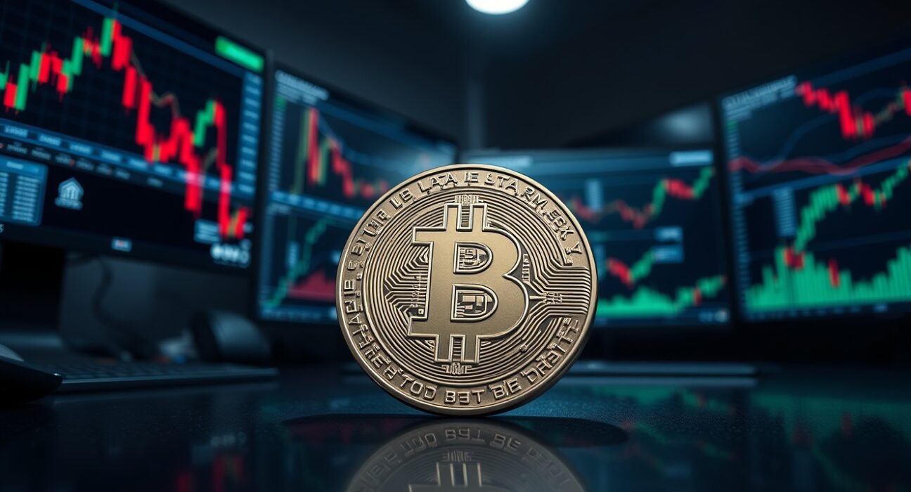 Bitcoin coin on a dark surface with blurred trading screens in the background, representing market volatility and bearish analysis.