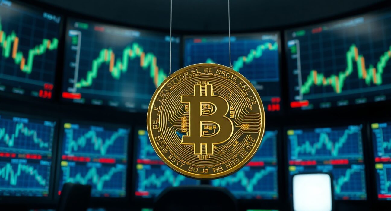 Bitcoin coin on a trading floor with green charts showing market recovery.