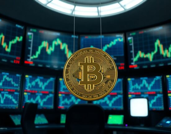 Bitcoin coin on a trading floor with green charts showing market recovery.