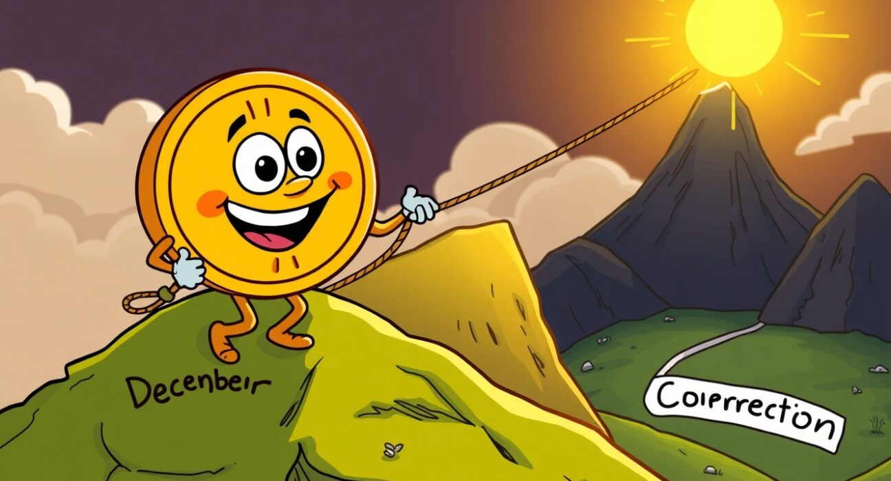 An optimistic cartoon Bitcoin character climbing towards a December rebound, symbolizing predicted price recovery.