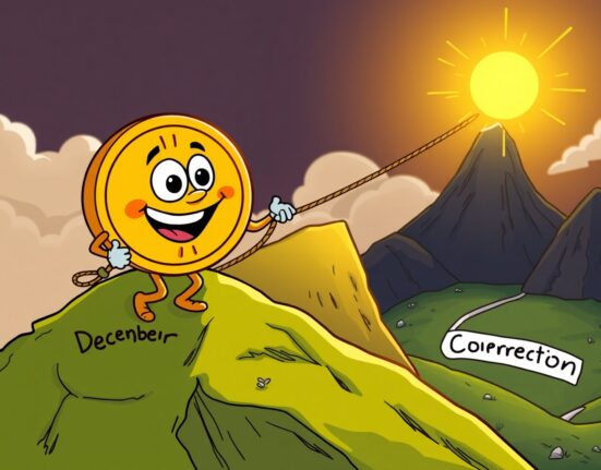 An optimistic cartoon Bitcoin character climbing towards a December rebound, symbolizing predicted price recovery.