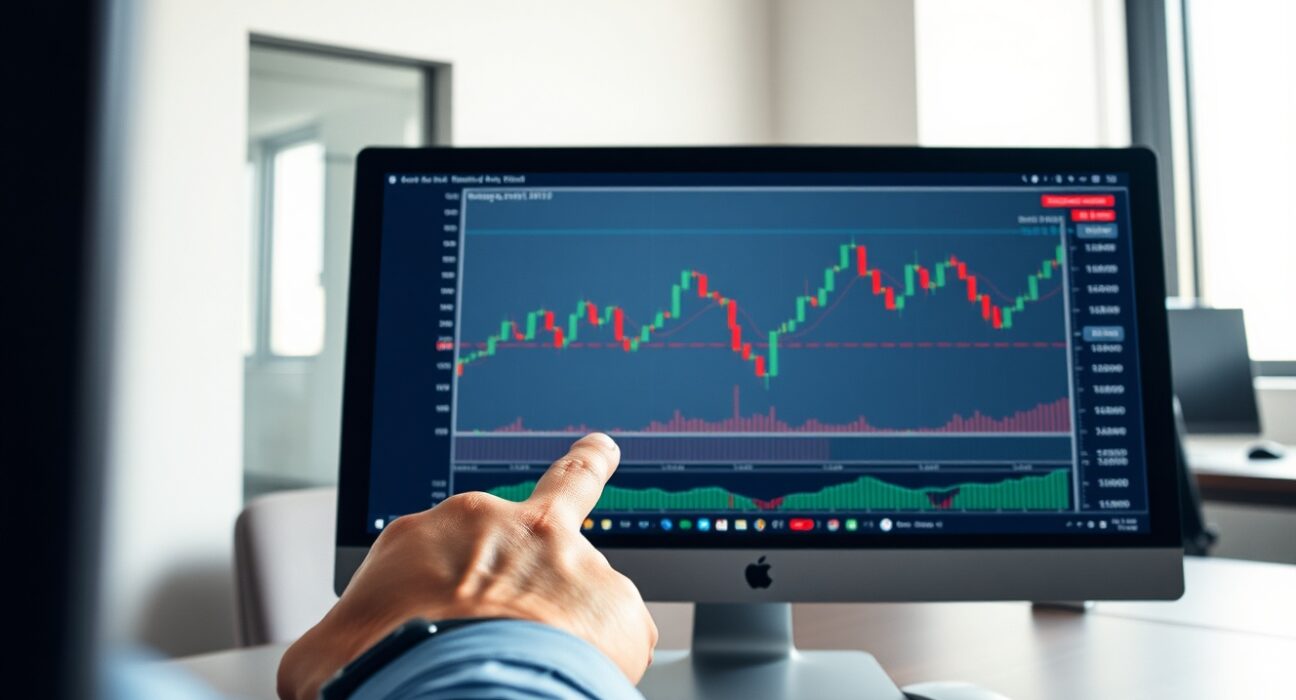 Analyst reviewing Bitcoin price chart showing moving averages for golden cross signal analysis.