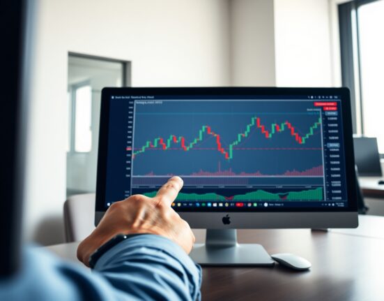 Analyst reviewing Bitcoin price chart showing moving averages for golden cross signal analysis.