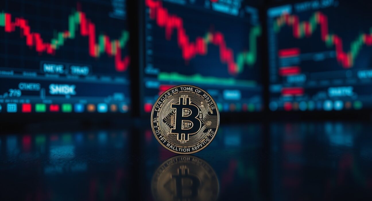 Bitcoin coin on reflective surface with stock market monitors in background
