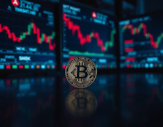 Bitcoin coin on reflective surface with stock market monitors in background