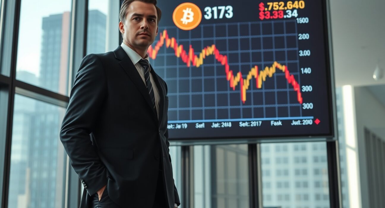 Analyst pointing at Bitcoin price chart showing downward trend and sell pressure