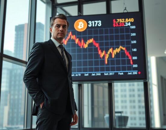 Analyst pointing at Bitcoin price chart showing downward trend and sell pressure