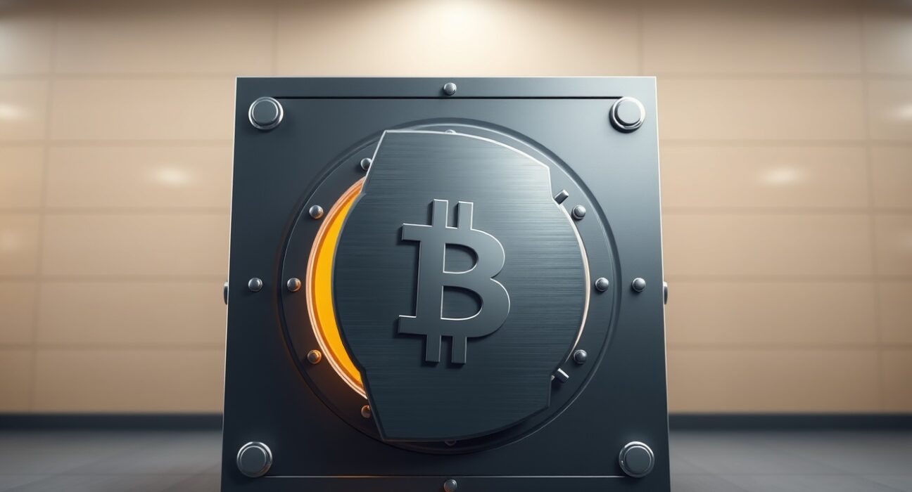 Bitcoin long-term storage symbolized by a secure digital vault in a financial setting.