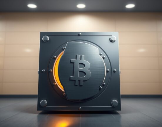 Bitcoin long-term storage symbolized by a secure digital vault in a financial setting.