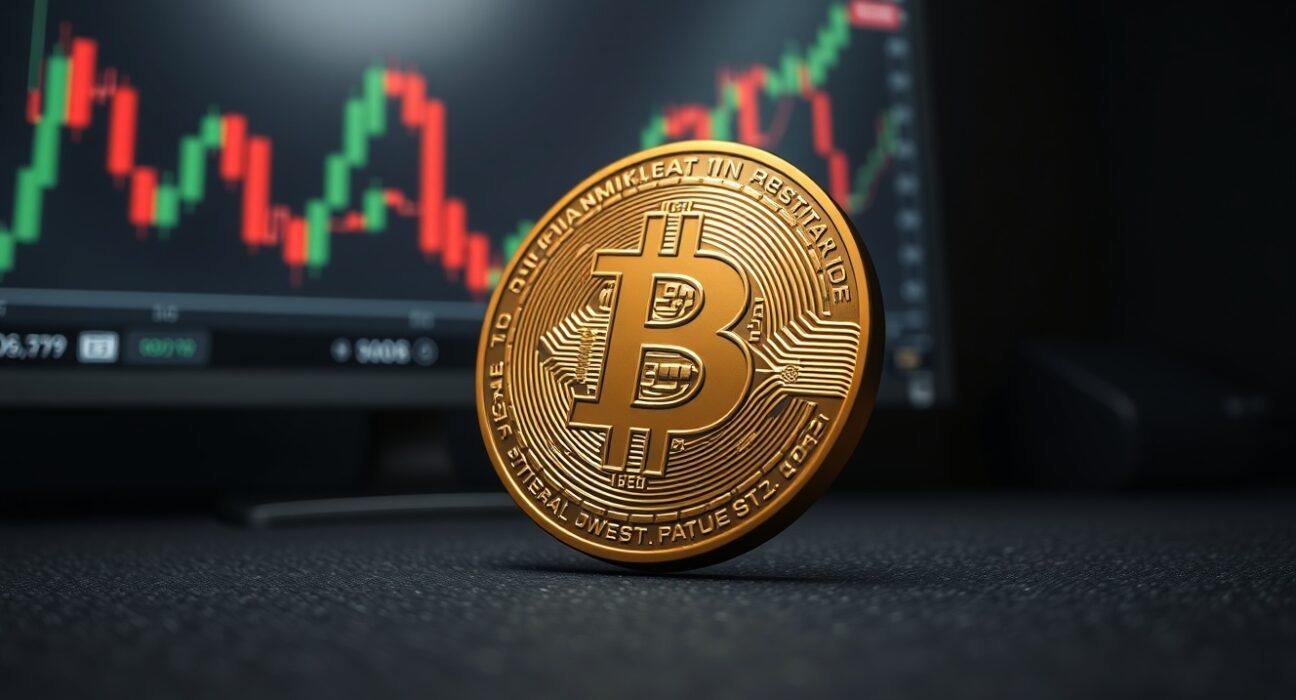 Bitcoin coin on dark surface with blurred candlestick chart in background