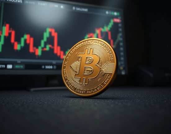 Bitcoin coin on dark surface with blurred candlestick chart in background