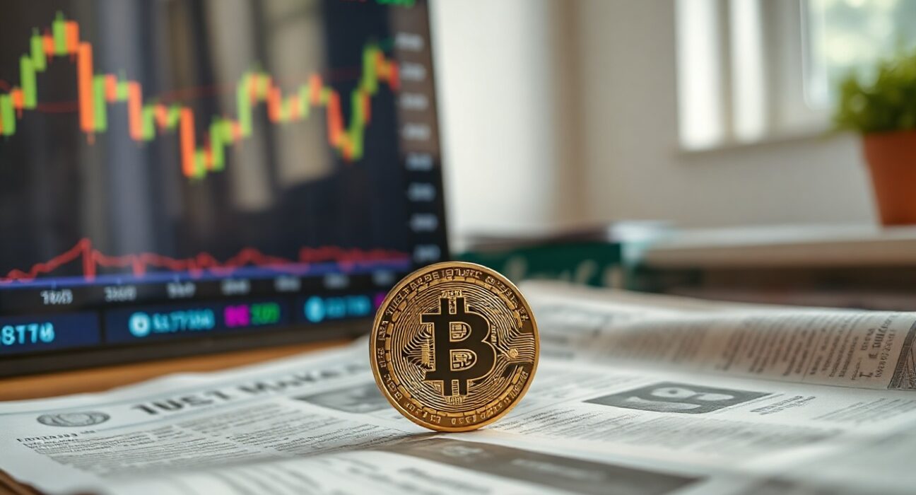 Bitcoin coin on a financial newspaper with stock market charts in background