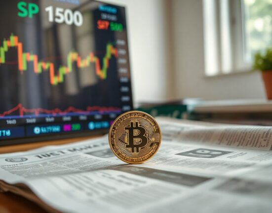 Bitcoin coin on a financial newspaper with stock market charts in background