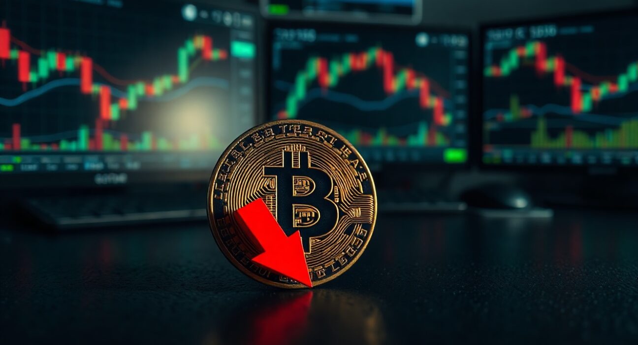 Bitcoin coin on a dark surface with a red reflection, suggesting a bearish market forecast.