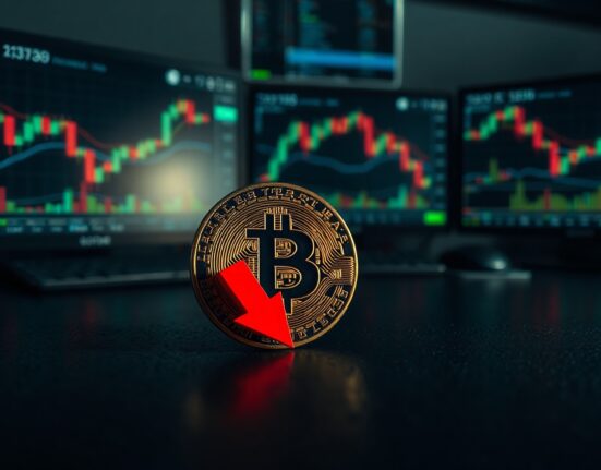 Bitcoin coin on a dark surface with a red reflection, suggesting a bearish market forecast.