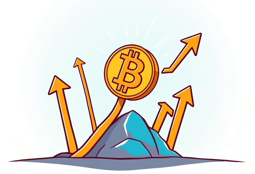 A cartoon Bitcoin symbol rises confidently, surrounded by charts and arrows, illustrating a potential Bitcoin Rebound and market recovery.