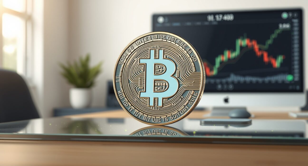 Analysis of Bitcoin's market rebound showing digital coin on blockchain data background.