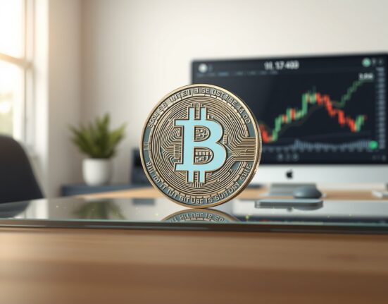 Analysis of Bitcoin's market rebound showing digital coin on blockchain data background.