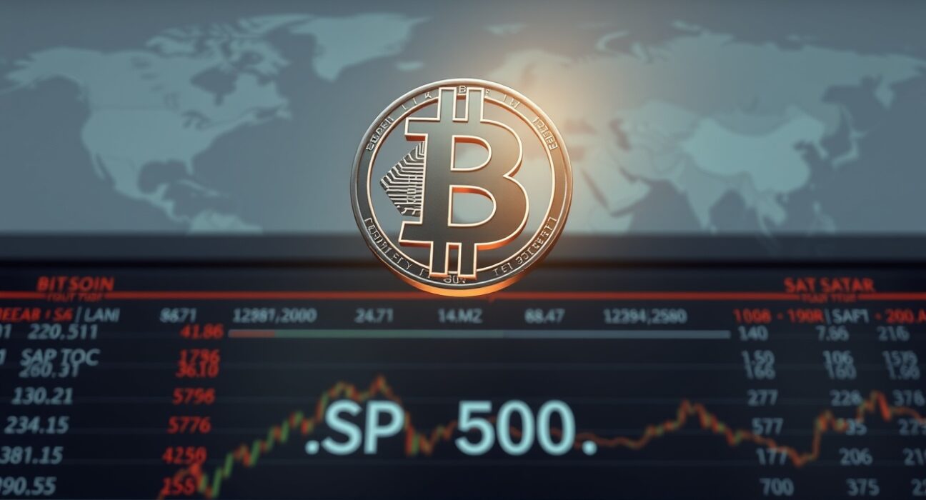 Bitcoin symbol above S&P 500 ticker tape representing cryptocurrency market analysis and potential recovery.