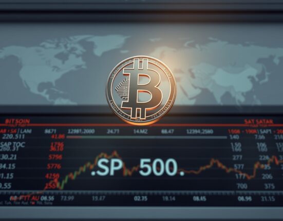 Bitcoin symbol above S&P 500 ticker tape representing cryptocurrency market analysis and potential recovery.