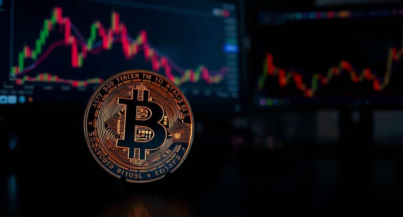 Dimly lit Bitcoin coin at center of trading desk with red-trending monitors in background