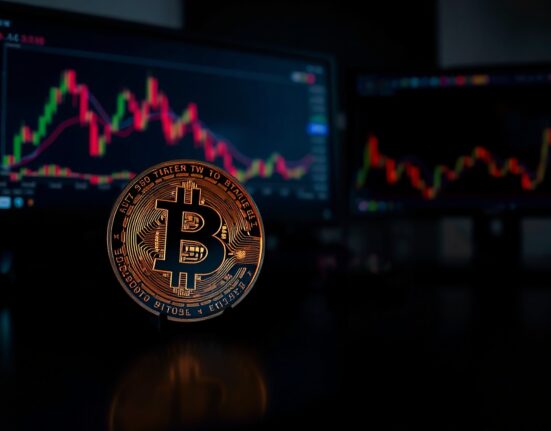 Dimly lit Bitcoin coin at center of trading desk with red-trending monitors in background