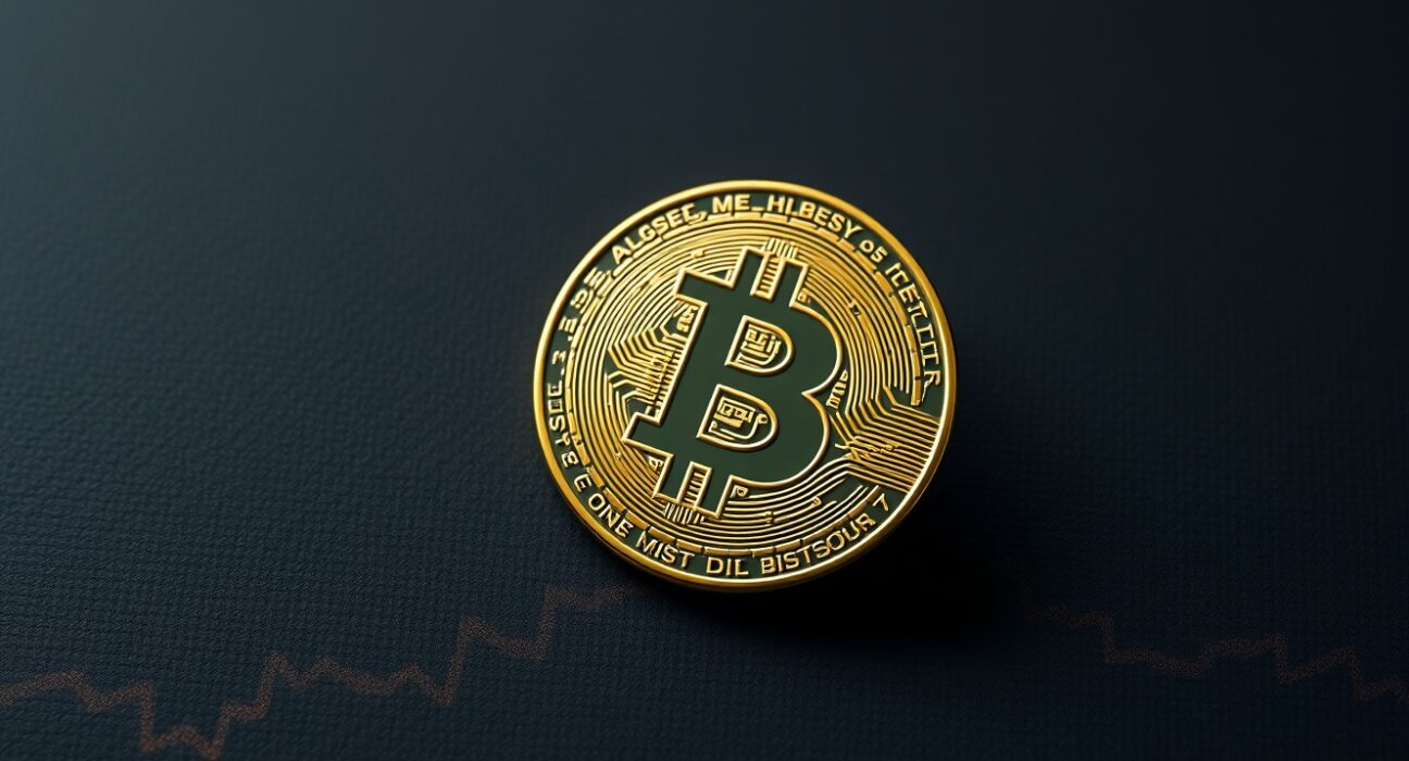 Analytical view of a Bitcoin coin suggesting potential market decline and volatility.