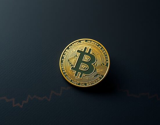 Analytical view of a Bitcoin coin suggesting potential market decline and volatility.