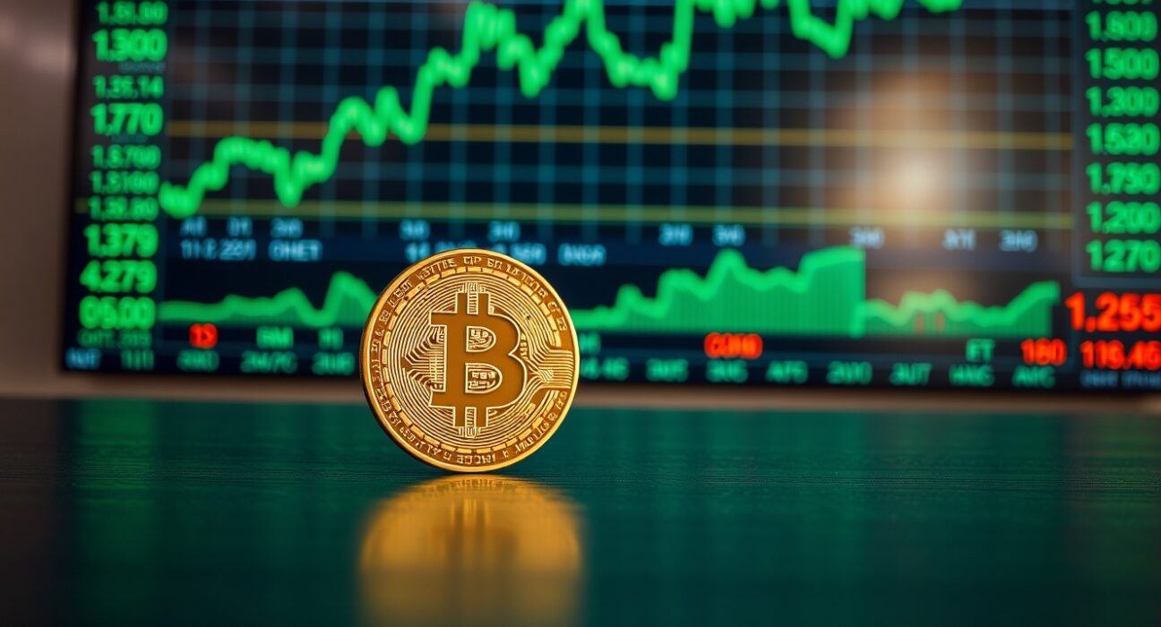 Bitcoin coin on table with stock market display showing upward trends in background