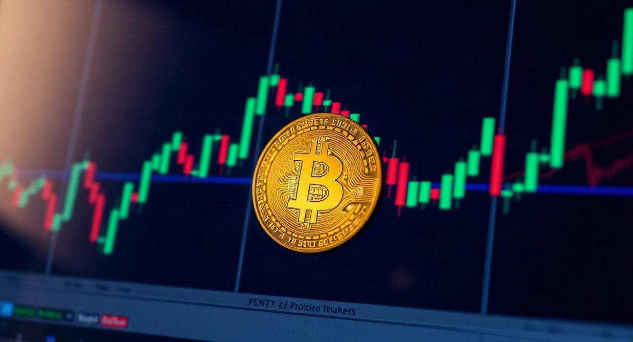 Bitcoin coin on a digital trading chart background with low volume indicators
