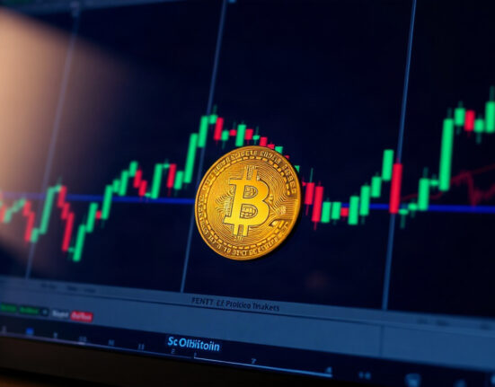 Bitcoin coin on a digital trading chart background with low volume indicators