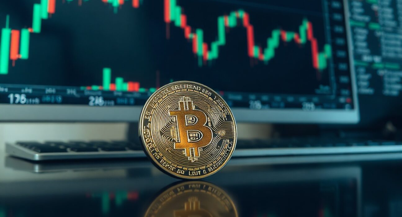 Bitcoin coin on trading desk with chart monitors in background
