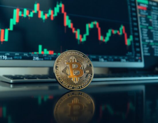 Bitcoin coin on trading desk with chart monitors in background