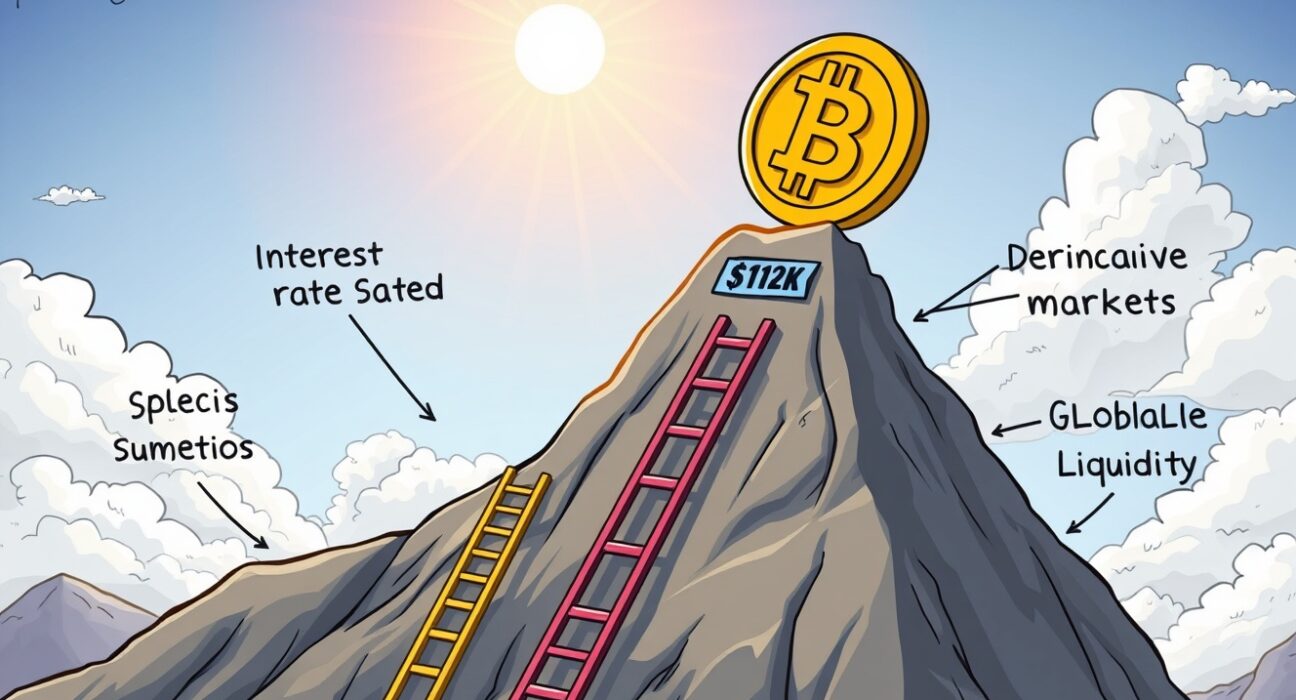 Bitcoin reclaiming $112K as a golden coin climbing with four support ladders in a vibrant cartoon scene