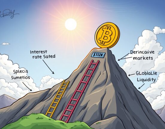 Bitcoin reclaiming $112K as a golden coin climbing with four support ladders in a vibrant cartoon scene