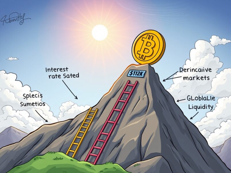 Bitcoin reclaiming $112K as a golden coin climbing with four support ladders in a vibrant cartoon scene