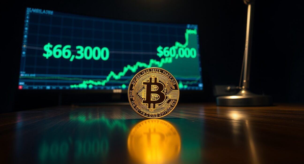 Bitcoin coin on a desk with a monitor showing a rising price chart and the $63,000 level.