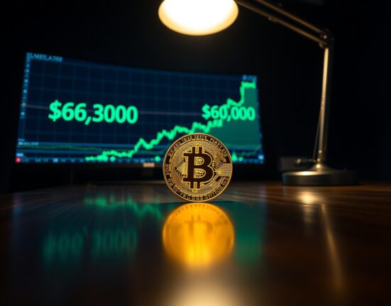 Bitcoin coin on a desk with a monitor showing a rising price chart and the $63,000 level.