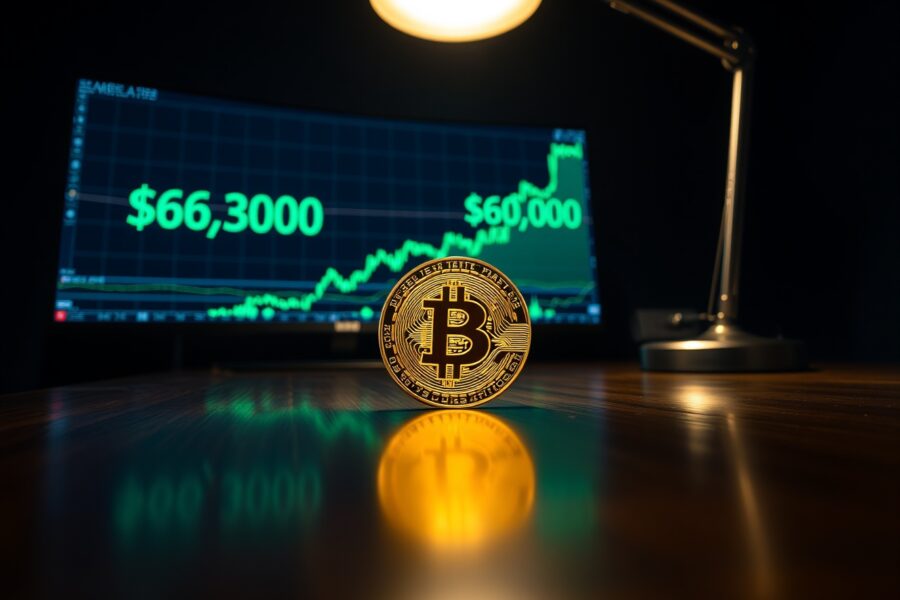 Bitcoin coin on a desk with a monitor showing a rising price chart and the $63,000 level.