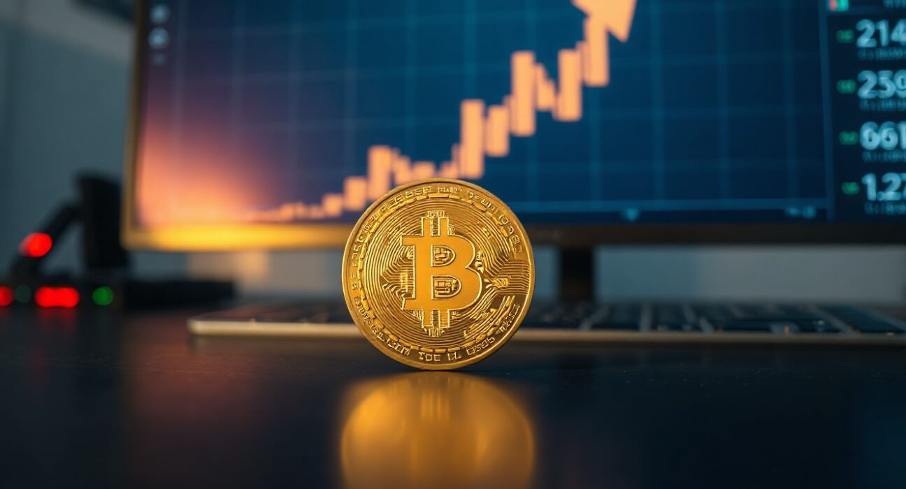 Bitcoin coin on a trading desk with a bullish chart in the background, symbolizing price recovery.