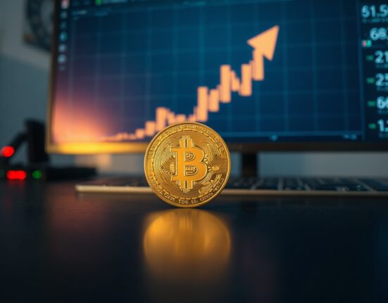 Bitcoin coin on a trading desk with a bullish chart in the background, symbolizing price recovery.